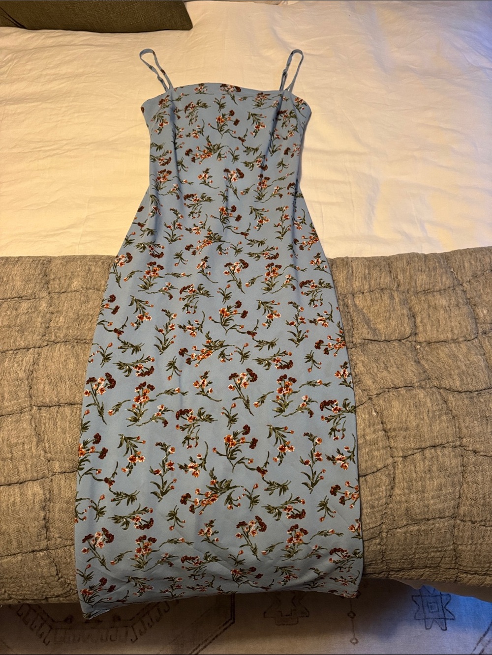 Light Blue Floral Midi Slip Dress with Spaghetti Straps